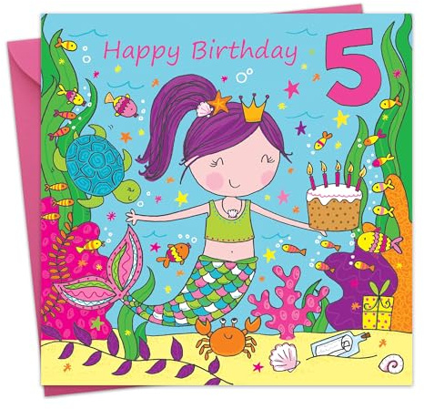 Twizler Geburtstagskarte, Motiv: Mädchen mit süßer Meerjungfrau und Glitter, für den 5. Geburtstag, für Mädchen