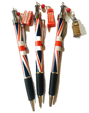 Un lot de 3 magnifiques stylos à breloques emblématiques de Londres avec fermoir en argent et corps Union Jack