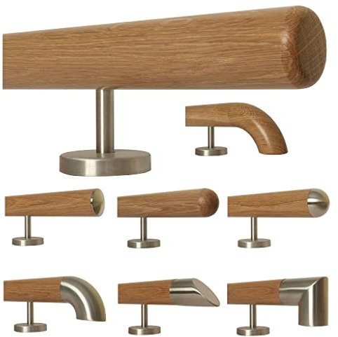 TIBU Eiche Holz Handlauf Geländer 0,3m - 6m, Länge 240 cm, Ende Radius gefräst und 4 gerade Halter
