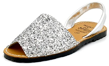 Avarca Damen Sandalen Glitzer Pailletten Leder Riemchen Schuhe Barca Menorquina Menorca Sommerschuhe silber EU 38