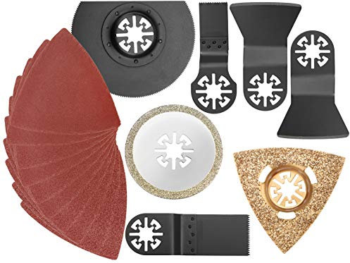 com-four® 17-teiliges Zubehör Set mit Segmentsägeblatt, Tauchsägeblatt, Schaber, Schleif-Decken mit Kletthaftung für Holz und Metall - Für die gängigsten Multi-Tools (17-teilig - Multitool)