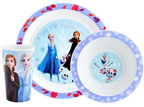 Disney II La Reine des Neiges Vaisselle 3 pièces réutilisables en polypropylène pour enfants – Assiette, bol et tasse Elsa, Anna et Olaf – Ensemble de vaisselle pour repas – À partir de 24 mois,