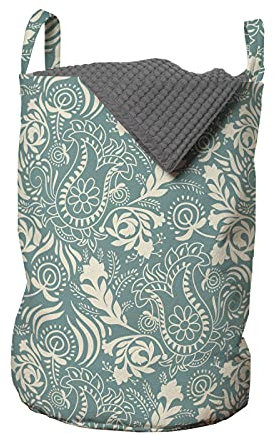 ABAKUHAUS Blumen Wäschesack, Marrakesch Paisley, Wäschekorb mit Griffen Kordelzugverschluss für Waschsalons, 33 cm breit x 49 cm hoch, Teal und Beige