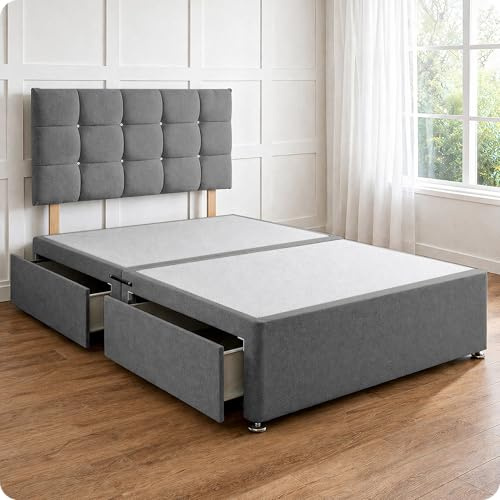 Comfy Deluxe LTD Divan Bed Base - 4FT6 Double, Grey | Linen Bed Frame with 20 Inch Cubic Headboard | No Mattress Included | 1 Foot End Storage Drawer & Chrome Glider Feet | UK Made