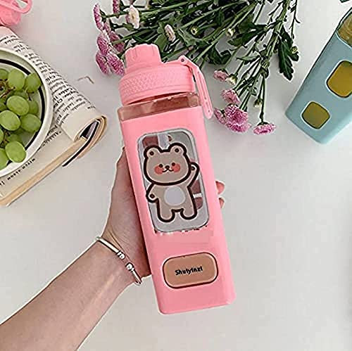 Botella de agua Kawaii con pajita y pegatina Kawaii, botella de agua cuadrada portátil de plástico deportivo grande Kawaii para niños, niñas, útiles escolares, tazas de agua de té de jugo lindo