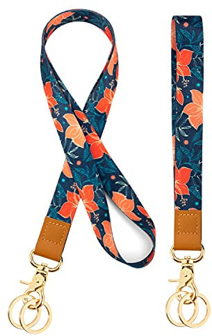 Schlüsselband für das Handgelenk Schlüsselband Lanyard Umhängeband 2 Stücke mit 4 Schlüsselbund Für Ausweishalter, Handy, Schlüssel, Geldbörsen(Red Flower)