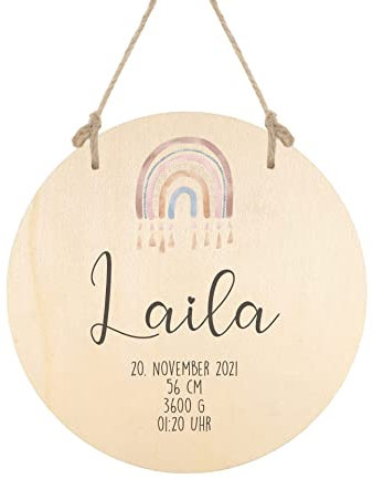 Manufaktur Liebevoll personalisiertes Namensschild aus Holz - Türschild für das Kinderzimmer - Regenbogenmotiv - Geschenk für Mädchen und Jungen (Motiv Laila Geburt)