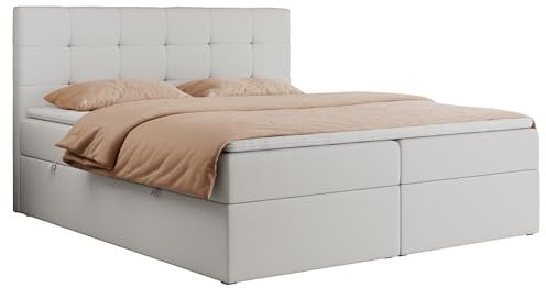 MKS MEBLE Boxspringbett 180x200 Mit Bettkasten, Matratze H3 und Topper - Polsterbett Mit Stauraum - Centos - Weiß Kunstleder