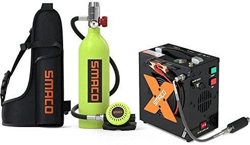 SMACO Botella de Buceo Equipo de Respiración Subacuática Botella de Oxígeno de Buceo 1L Soporta 15-20 Mins de Respiración Bajo el Agua Una Nueva Generación de Cilindros de Buceo, Paquete G, Verde