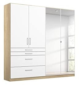 Rauch Möbel Harburg Schrank Kleiderschrank Drehtürenschrank Weiß/Eiche Sonoma, Holz, 4-türig Spiegel und 4 Schubladen inklusive Zubehörpaket Basic 3 Einlegeböden, 1 Kleiderstange BxHxT 181x197x54 cm