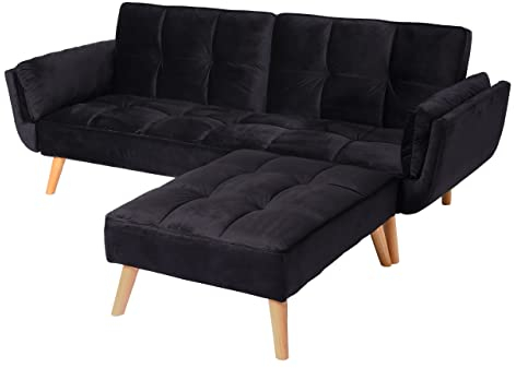 Mendler Schlafsofa HWC-K18 mit Ottomane, Couch Sofa Gästebett, Schlaffunktion 218x175cm - Samt schwarz