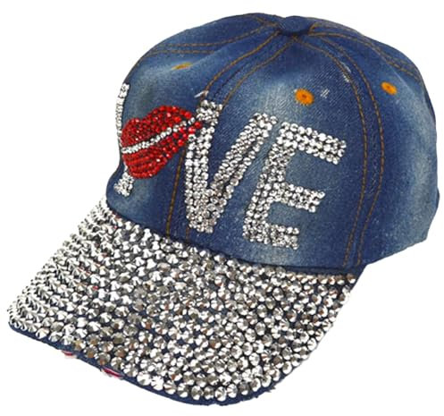 Forest & Twelfth Fashion Bling Baseball Cap Hut verziert mit Kristall Strass Kunststeine Stickerei, Love Lippen, Einheitsgröße