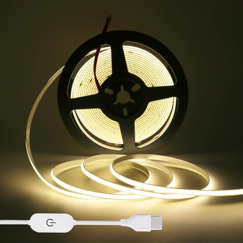 KISUFU USB 5 V COB LED Strip, 320 LED/M Warm White LED TV Backlight LED COB Strip LED Strip Led Strip Continuous, High Density Light Dimmable 3000 K LED Streifen (5m, Naturweiß)