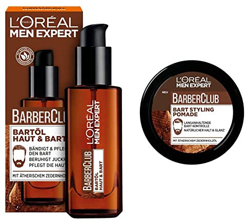 L'Oréal Men Expert Bartöl mit Zedernholzöl, Barber Club, 1 x 30 ml & L'Oréal Paris Men Expert Bart Pomade und Haarwachs, Natürliches Finish, Barber Club Bart & Haar Styling Pomade, 1 x 75 ml