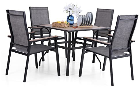MFSTUDIO Gartentisch mit 4 Stühle Set, Holzähnlich Garten Tisch mit 4cm Schirmloch und 4 Aluminium Textilene Gartenstühle, Terrasse, Balkon, Bistro, Camping