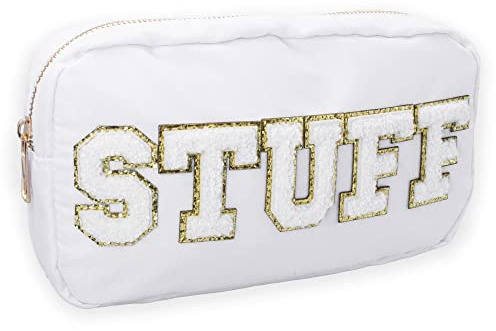 Fablinks Make-up-Tasche, Chenille, Schulteam-Buchstaben, „STUFF“, für Frauen, weißes Nylon, Hautpflege, Patch-Tasche, Organizer, Reise-Make-up, Hautpflege, Kosmetik, Reißverschlusstaschen, Geschenk