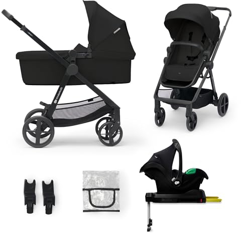 Kinderkraft Newly 4 in 1, Stroller, Pushchair, Travel System, Pram, Newborn Baby, Large Hood, Accessories, Easy Folding, Included Car Seat with ISOFIX Base, from Birth up to 22 kg, Black