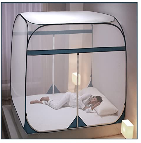 BUJOG Betthimmel, quadratisch, 4 Ecken, Netz, Elegantes Moskitonetz, Spielzelt, Raumdekoration, Reißverschluss, Bettnetz, Baldachin, Bettwäsche (Farbe: Kaffee, Größe: 1,2 m)