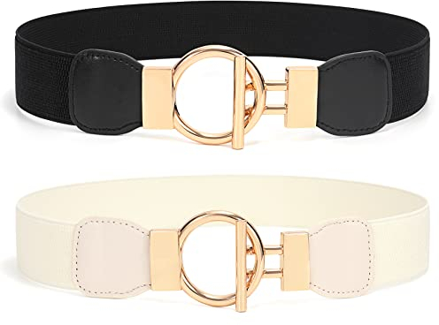 WHIPPY 2er-Pack elastischer Taillengürtel für Damen Vintage Hüftgürtel dehnbarer Kleider Gürtel Breite 4cm,schwarz/beige 90cm
