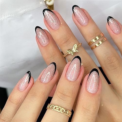 EONFAVE Stick On Nails French Nail Tips - 24 Pcs Short False Nails with Glue - Glitter Black Edge Almond Gel Press on Nails - Acrylic Stick on Nails for Women and Girls (Glitter Black Side)
