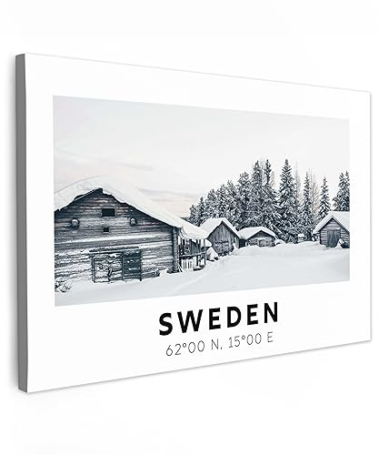 MuchoWow© Leinwandbild 90x60 cm Dekoration Wohnzimmer Bilder Aufhängen Wall Decoration Living Room Wohnungs Deko Moderne Schweden - Schnee - Baum - Skandinavien