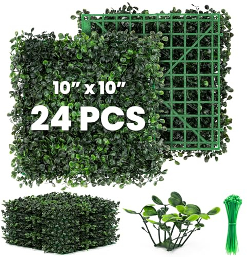 Ticanros Graswand, 25,4 x 25,4 cm, künstliche Buchsbaumhecke, Wandpaneele, Sichtschutz, Buchsbaum für Außen, Innenbereich, Garten, Zaun, Hinterhof, Grünwände, 24 Stück
