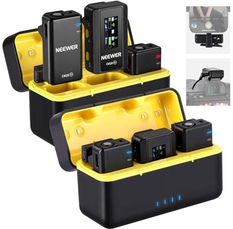 NEEWER CM28 Kabelloses Lavalier Mikrofonsystem mit Ladeetui, Geräuschunterdrückung, 4GB Speicher für 9 Std. unkomprimiertes 48kHz 16Bit Audio Ansteckmikrofon, kompatibel mit iPhone/PC/Kamera, 2er Pack
