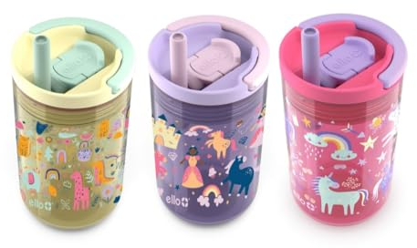 Ello Bicchiere in Tritan resistente alle fuoriuscite con cannuccia rimovibile, maniglia per il trasporto integrata, confezione da 3 (animale/principessa/unicorno), 278-0354