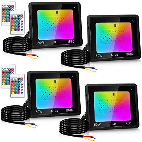 Yakimz 4pcs 50W RGB projecteur changement de couleur, LED projecteur extérieur avec télécommande, 16 couleurs 4 modes IP66 étanche projecteur extérieur fonction mémoire pour jardin garage arbre