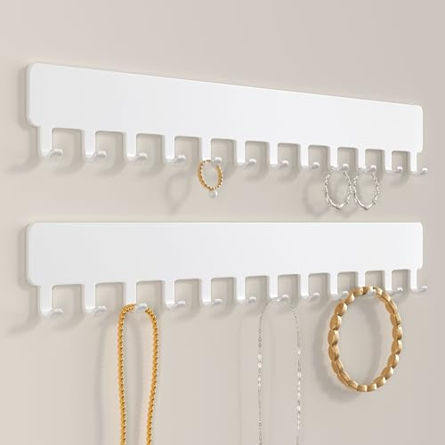 Josmimic Necklace Holder Hanging Jewelry Organizer - Self-Adhesive Wall Mounted for Necklaces, Bracelets, 2 PCS, White