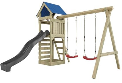 Outgarden Spielturm Klettergerüst Easy aus KDI-Holz | Spielhaus mit Grauer Rutsche & roter Doppel-Schaukel | Sandkasten, Leiter & Kletterwand | Outdoor Stelzenhaus für Kinder | 327 x 327 x 258 cm