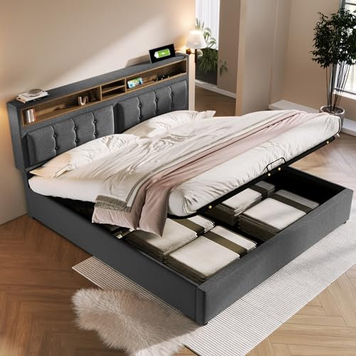 Rtopsu Letto Matrimoniale Letto Imbottito 160x200 cm con USB C, Letto con Contenitore e Rete a Doghe in Legno, Struttura del Letto con Telaio Idraulico in Metallo, Lino, Grigio, Senza Materasso