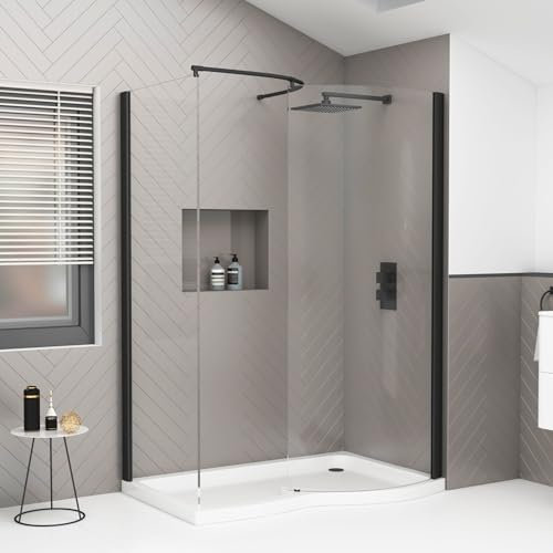1400x900mm Walk in Wetroom Curved Shower Enclosure with Tray Right Hand Frameless 8mm Easy Clean Matt Black Profile Tempered Glass