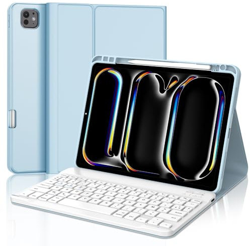 SENGBIRCH AZERTY - Cover per tastiera per iPad Pro 11'' (M4) 2024, tastiera francese - Custodia per iPad Pro 11 pollici con slot per penne, tastiera staccabile senza fili Bluetooth, colore: blu chiaro