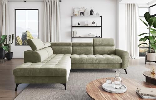 Easy4You Ecksofa Bjorn Velvet L-Form Beige – 260x101x215 cm - Schlafsofa mit Bettkasten und Schlaffunktion - Eckcouch mit Stauraum - Verstellbare Kopfstützen – Links – Stoff Monolith 04