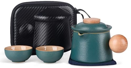 fanquare Porcelain Tea Set Green Mini Portable Travel Tea Set Chinese Kung Fu Teapot with Infuser Storage Bag for Outdoors