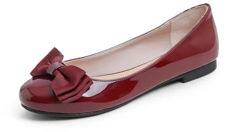 Feversole Women's Round Toe Cute Bow Trim Ballet Flats Dolly Shoes Burgundy Patent 6 UK