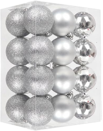 GESDYO 24 Stück Weihnachtsschmuck,Glitter, Matte and Glossy Christbaumkugeln,Geeignet für die Dekoration im Freien, zu Hause und in Einkaufszentren (Kugeln 30 mm Durchmesser, silbrig, 24 Stück)