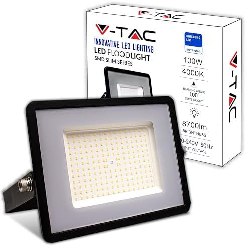 V-TAC Faro LED da Esterno 100W - [Chip Samsung - Alte Perfomance, Bassi Consumi] - 8700 Lumen - IP65 - Proiettore Faretto LED Nero per Casa, Giardino, Garage - Impermeabile - Fari Luce Bianca Naturale