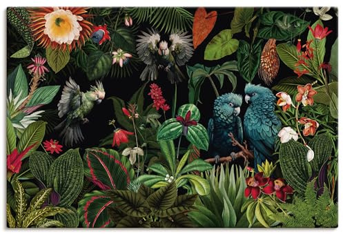 ARTLAND Wanddeko Leinwand Bilder Wandbild 120x80 cm Tropischer Dschungel exotische Pflanzen Blumen Papagei Vintage U5HD