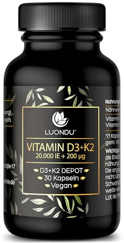 Luondu Vitamin D3 20.000 I.E + Vitamin K2 MK7 200 mcg (hochdosiert, vegan) | Ohne Zusatzstoffe, produziert in Deutschland (30 Kapseln) – Verpackung kann variieren