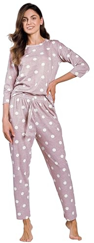 Mademoiselle Sommeil Damen Schlafanzug | Hellrosa Pyjama mit weißen Punkten | 100% Baumwolle | 3/4-Ärmel & Lange Hose | Ideal für Herbst, Winter & Frühling