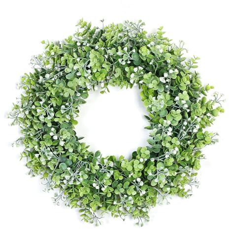 UXORSN Spring Eucalyptus Wreaths for Front Door 20 Inch Artificial Green Leaves Wreath with White Flowers Welcome Wreath Fake Greenery Hanging Garland for Outdoor Window Wall Porch Fireplace Decor