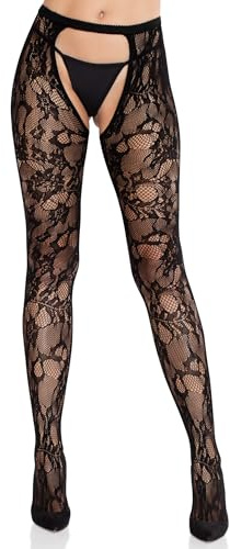 Leg Avenue Crotchless Tights for Women, Eyelet Rose Black Lace Tights with Cheeky Open Back, Breathable Stretch Pantyhose, Black, One Size