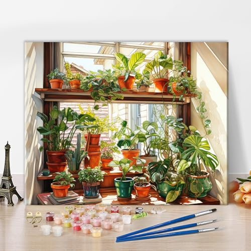 TISHIRON Malen Nach Zahlen Erwachsene, Paint by Numbers Malen Nach Zahlen, DIY Pflanzen in Töpfen auf dem Fensterbrett des Hauses Handgemalt Ölgemälde Leinwand für Home Decor, Ohne Rahmen (40x50cm)