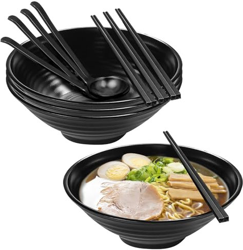 4 Stück Japanische Ramen Schüssel Set, 1000 ml Ramen Schüssel aus Melamin, Große Asiatische Suppenschüssel mit Löffel und Essstäbchen Japanisches Geschirr Set für Pasta Nudel Salat, Schwarz