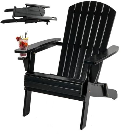GDGYOFN Adirondack Klappstühle für den Außenbereich, Holz, Rasenstühle mit Getränkehalter, Terrassenstuhl für Garten, Hof, Pool, Hinterhof, 158,8 kg Tragkraft, Schwarz
