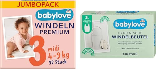 Windeln Gr. 3 Midi Babylove (4-9 kg), Jumbopack, 92 St + Windelbeutel mit Frischeduft Babylove 100 St. + Purlife Sticker