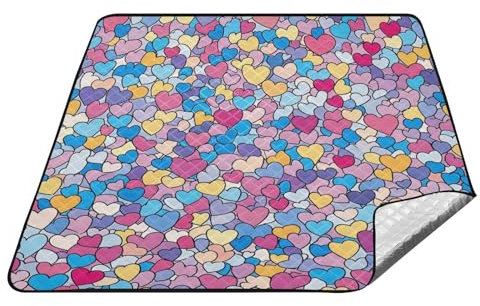 Amooorous Bunte schöne Valentinstags-Herzen, wasserdichte Picknickdecke für draußen, wasserabweisend, drinnen, sandabweisend, Stranddecke für Erwachsene, Konzertdecke, Manta de Picknick, undurchlässig