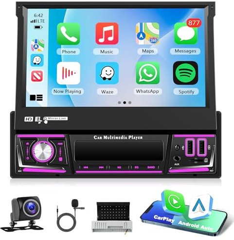Motorsi [2+64G] Autoradio mit Wireless Carplay Android Auto, 7 Zoll 4 Kern Touchscreen 1din Stereo mit GPS Navi/WiFi/Bluetooth/FM/RDS Radio/SWC/EQ/USB/Mirror Link + Rückfahrkamera